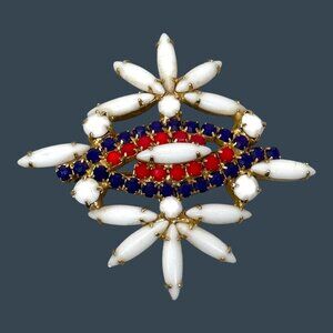 Vintage Patriotic Brooch Pin Red White & Blue Rhinestones Floral Design Glass